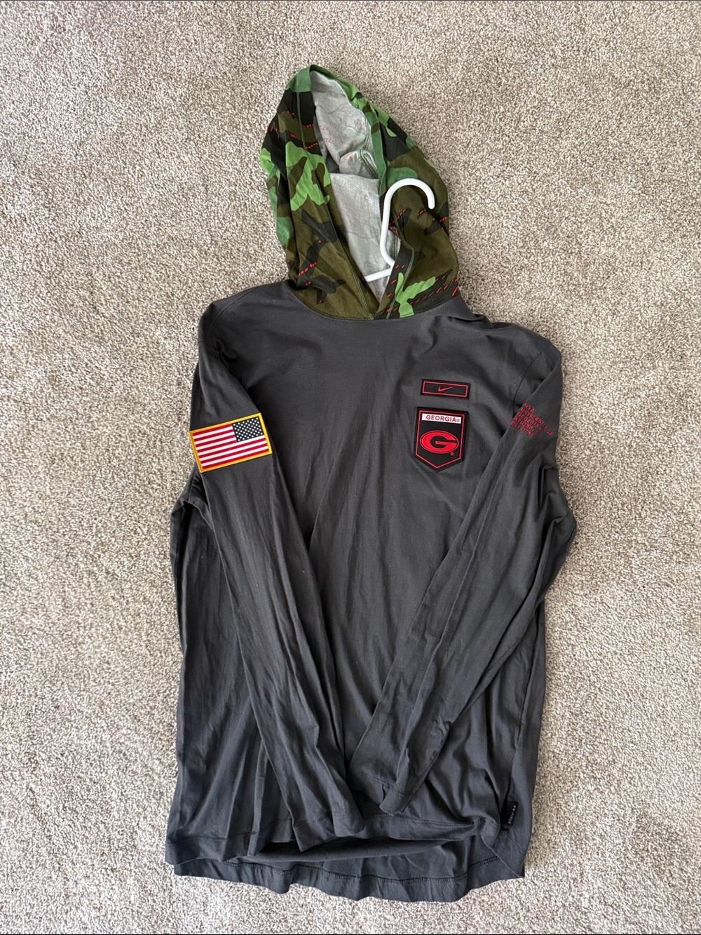 Nike Men's Black Hoodie with Green Camo Hood